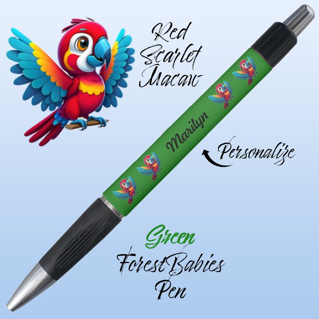 Macaw Parrot, Tropical Bird Safari Animal Green 🦜 (Cute Whimsical Tropical Macaw Parrot Bird Cartoon Graphic, Green Customizable ForestBabies Pen 🐦🌴)