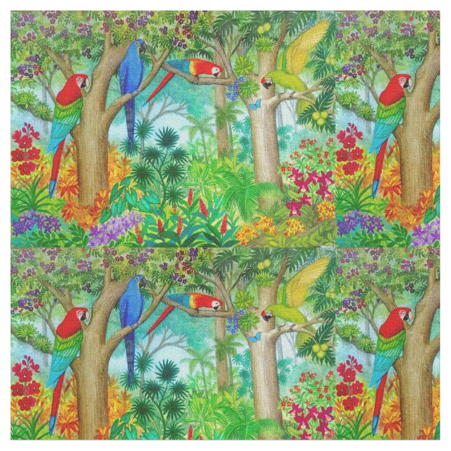 Macaw Parrot. Tropical Jungle Combed Cotton Fabric (Close Up)
