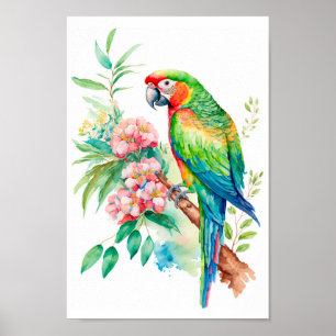 Macaw Parrot wall art with tropical flowers print