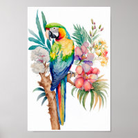 Macaw Parrot wall art with tropical flowers print 