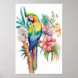 Macaw Parrot wall art with tropical flowers print