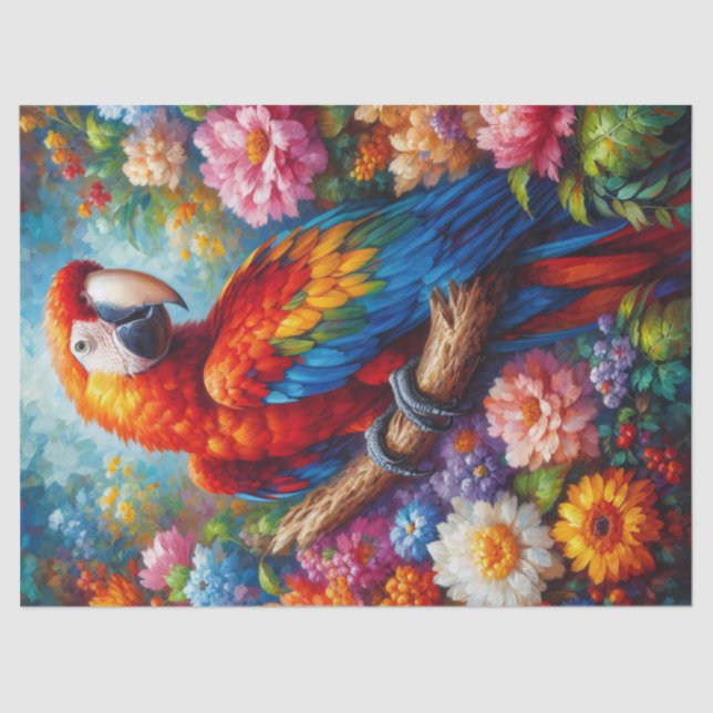 Macaw Parrot with Colourful Flowers Decoupage Tissue Paper (Front)