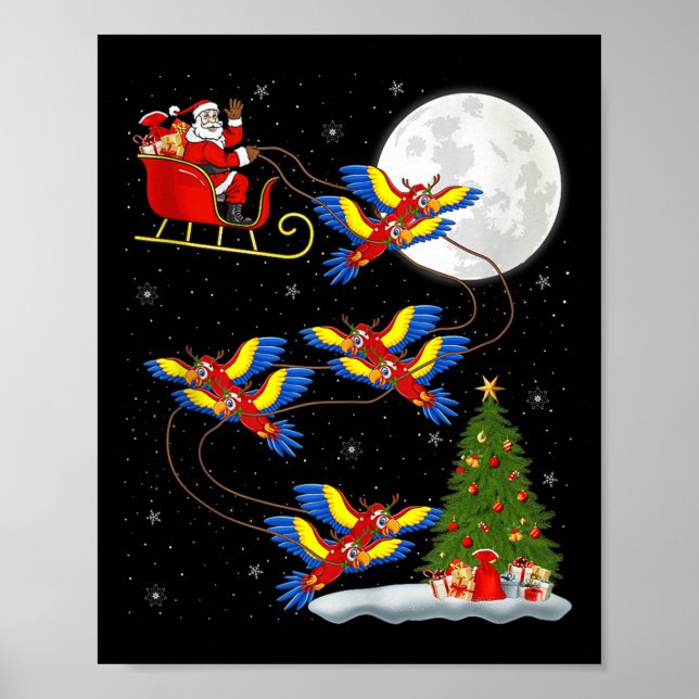 Macaw Parrots Santa Sleigh Flying Funny Magical Ch Poster (Front)
