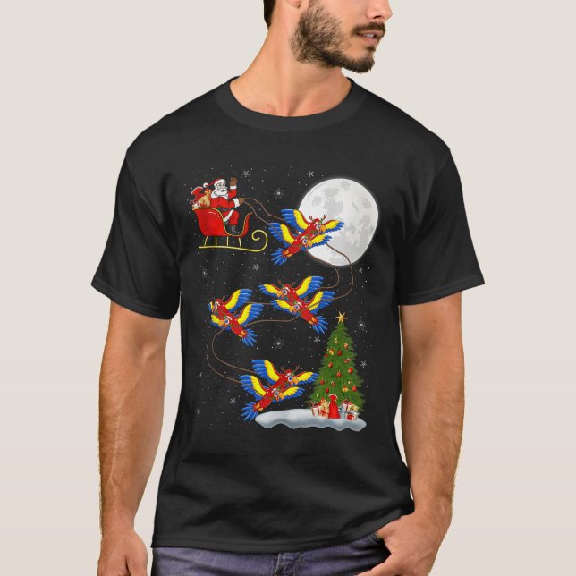 Macaw Parrots Santa Sleigh Flying Funny Magical Ch T-Shirt (Front)
