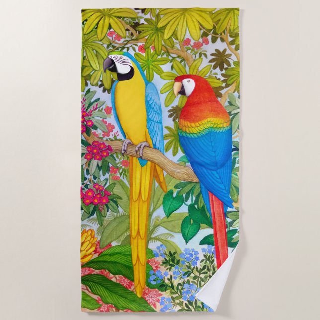 Macaw Parrots Tropical Birds Beach Towel (Front)