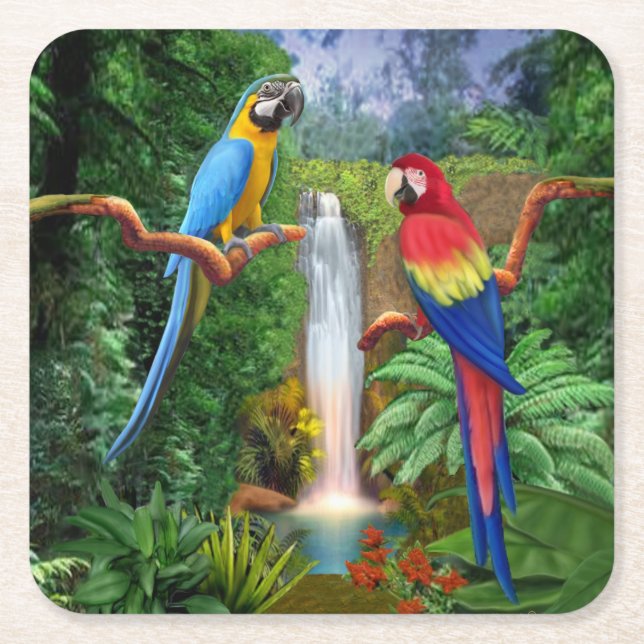 Macaw Tropical Parrots Square Paper Coaster (Front)