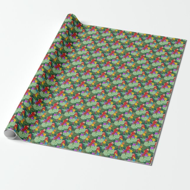 Macaw, tropical plants: seamless pattern. wrapping paper (Unrolled)