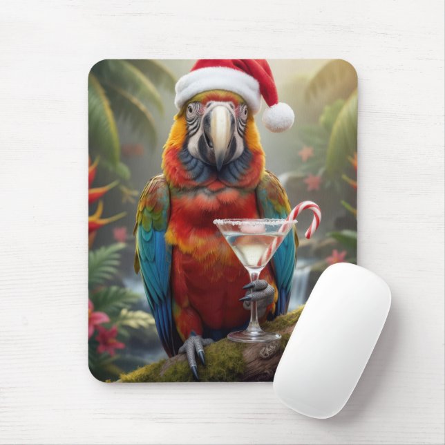 Macaw Wearing a Santa Claus Hat Mouse Mat (With Mouse)