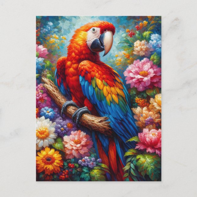 Macaw with Colourful Flowers Postcard (Front)