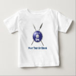 Maccabee Shield And Spears Baby T-Shirt<br><div class="desc">A depiction of a Maccabee's shield and two spears. The shield is adorned by a lion and text reading "Yisrael" (Israel) in the Paleo-Hebrew alphabet. Add your own text. The Maccabees were Jewish rebels who freed Judea from the yoke of the Seleucid Empire. Chanukkah is not just a mid-winter festival...</div>
