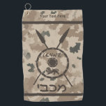 Maccabee Shield And Spears - Desert Golf Towel<br><div class="desc">A military brown "subdued" style depiction of a Maccabee's shield and two spears on a desert camo background. The shield is adorned by a lion and text reading "Yisrael" (Israel) in the Paleo-Hebrew alphabet. Modern Hebrew text reading "Maccabee" also appears. Add your own additional text. The Maccabees were Jewish rebels...</div>