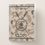 Maccabee Shield And Spears Desert Pocket Folder<br><div class="desc">A military brown "subdued" style depiction of a Maccabee's shield and two spears on a desert camo background. The shield is adorned by a lion and text reading "Yisrael" (Israel) in the Paleo-Hebrew alphabet. Modern Hebrew text reading "Maccabee" also appears. Add your own additional text. The Maccabees were Jewish rebels...</div>