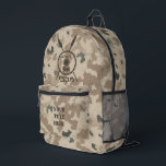 Maccabee Shield And Spears - Desert  Printed Backpack<br><div class="desc">A military brown "subdued" style depiction of a Maccabee's shield and two spears on a desert camo background. The shield is adorned by a lion and text reading "Yisrael" (Israel) in the Paleo-Hebrew alphabet. Hebrew text reading "Maccabee" also appears. Customise by adding your own additional text. The Maccabees were Jewish...</div>
