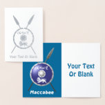 Maccabee Shield And Spears Foil Card<br><div class="desc">A depiction of a Maccabee's shield and two spears. The shield is adorned by a lion and text reading "Yisrael" (Israel) in the Paleo-Hebrew alphabet. English text reading "Maccabee" also appears. Add your own text. The Maccabees were Jewish rebels who freed Judea from the yoke of the Seleucid Empire. Chanukkah...</div>