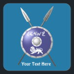 Maccabee Shield And Spears Square Sticker<br><div class="desc">A depiction of a Maccabee's shield and two spears. The shield is adorned by a lion and text reading "Yisrael" (Israel) in the Paleo-Hebrew alphabet. Add your own text The Maccabees were Jewish rebels who freed Judea from the yoke of the Seleucid Empire. Chanukkah is not just a mid-winter festival...</div>