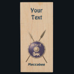 Maccabee Shield And Spears Wood USB Flash Drive<br><div class="desc">A depiction of a Maccabee's shield and two spears. The shield is adorned by a lion and text reading "Yisrael" (Israel) in the Paleo-Hebrew alphabet. English text reading "Maccabee" also appears. Add your own additional text. The Maccabees were Jewish rebels who freed Judea from the yoke of the Seleucid Empire....</div>