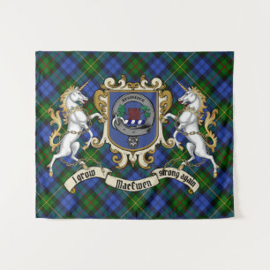 MacEwen Clan Badge & Unicorns w/Tartan  Tapestry