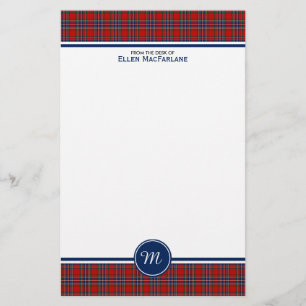 MacFarlane Clan Tartan Red and Blue Plaid Monogram Stationery
