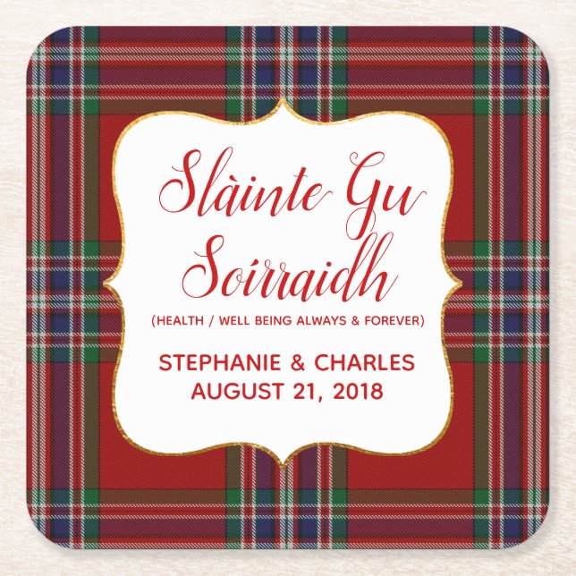 MacFarlane Plaid Gaelic Wedding Paper Coasters (Front)