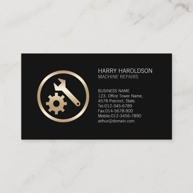 Machine Repairs Faux Gold Wrench Gear Icon Business Card (Front)
