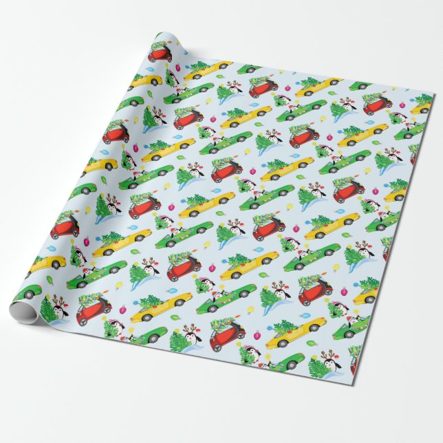 Machines with Christmas trees and penguins Wrapping Paper (Unrolled)