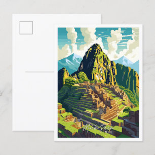 Machu Picchu Peru Art Vintage Travel Illustration Postcard
