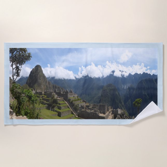 Machu Picchu Peru, blue border Beach Towel (Front)