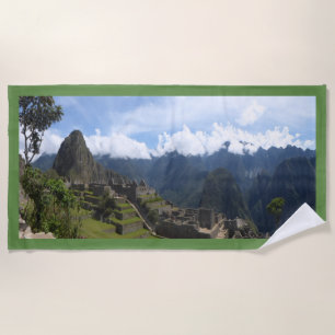 Machu Picchu Peru, green border Beach Towel