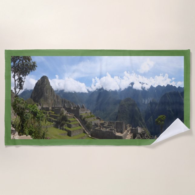 Machu Picchu Peru, green border Beach Towel (Front)