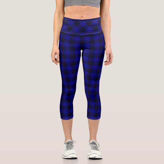 MacKay tartan blue black plaid Capri Leggings (Front)