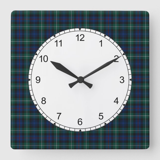Mackenzie Family Tartan Dark Green and Blue Plaid Square Wall Clock (Front)