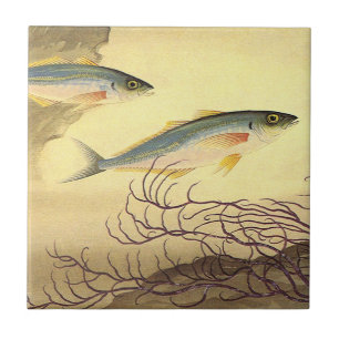 Mackerel Fish in the Ocean, Vintage Japonisme Art Tile