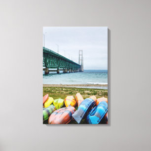 Mackinac Bridge And Canoes Canvas Print