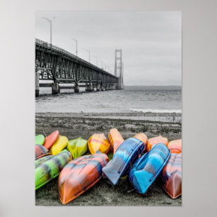 Mackinac Bridge and Canoes Select Colour Poster