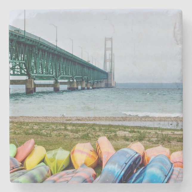 Mackinac Bridge And Canoes Stone Coaster (Front)