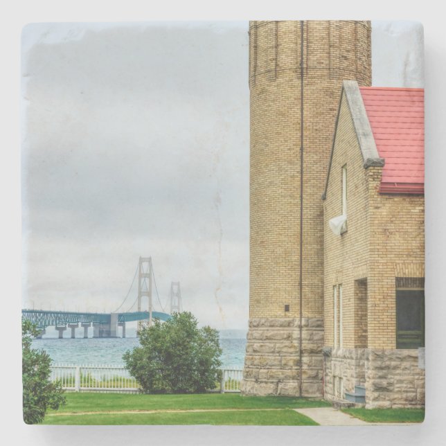 Mackinac Bridge and Lighthouse Stone Coaster (Front)