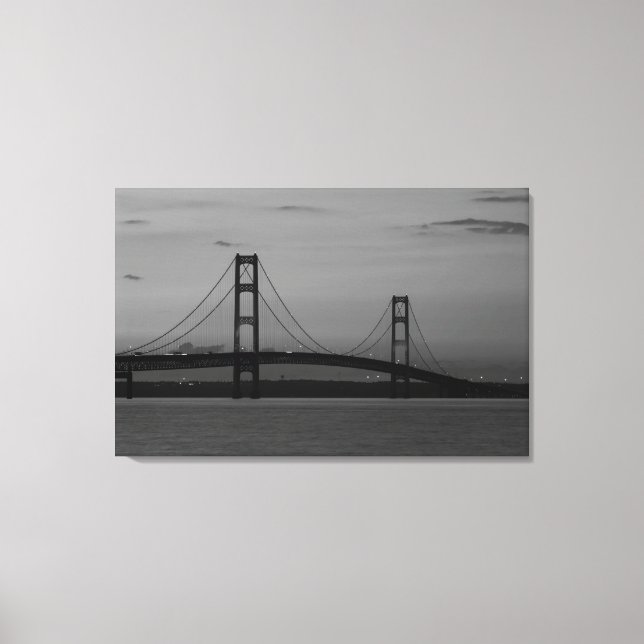 Mackinac Bridge At Dusk Grayscale Canvas Print (Front)