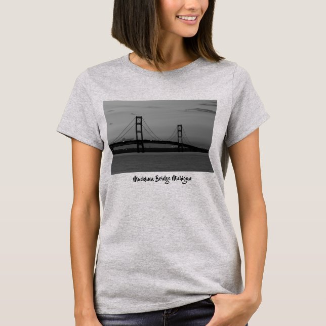 Mackinac Bridge At Dusk Grayscale T-Shirt (Front)