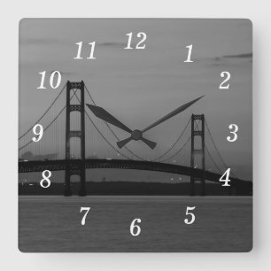 Mackinac Bridge At Dusk Grayscale Wall Clock