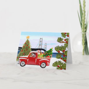Mackinac Bridge Christmas Card Vintage Truck