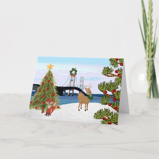Mackinac Bridge Christmas Card with Fox (Front)