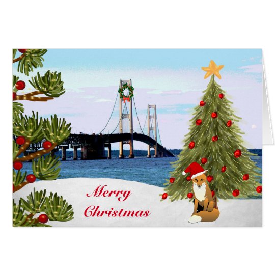 Mackinac Bridge Christmas Card with Fox