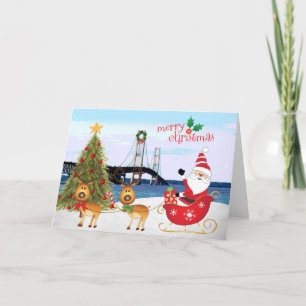 Mackinac Bridge Christmas Card with Santa, Sleigh,