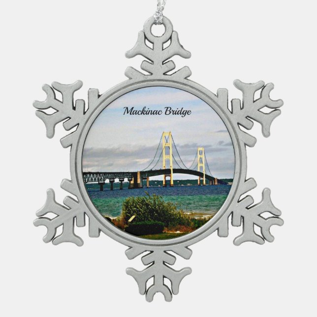 Mackinac Bridge, Mackinac Island Snowflake Pewter Christmas Ornament (Front)