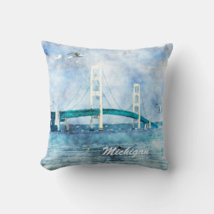 Mackinac Bridge Scenic Watercolor Art Cushion