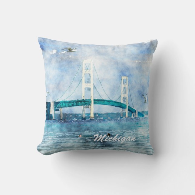 Mackinac Bridge Scenic Watercolor Art Cushion (Front)