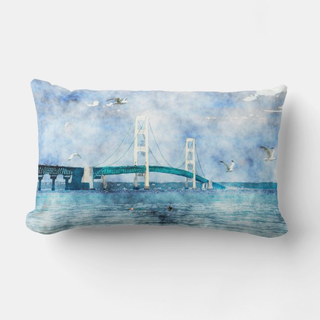 Mackinac Bridge Scenic Watercolor Art Lumbar Cushion (Front)