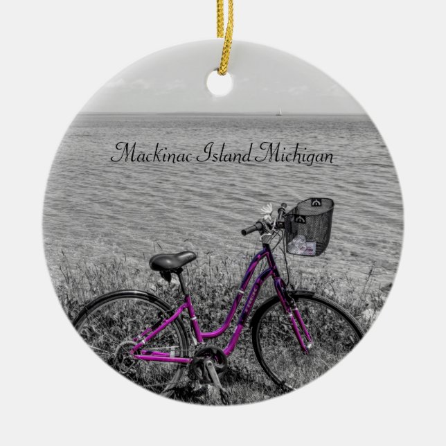 Mackinac Island Bike Selective Colour Ceramic Tree Decoration (Front)