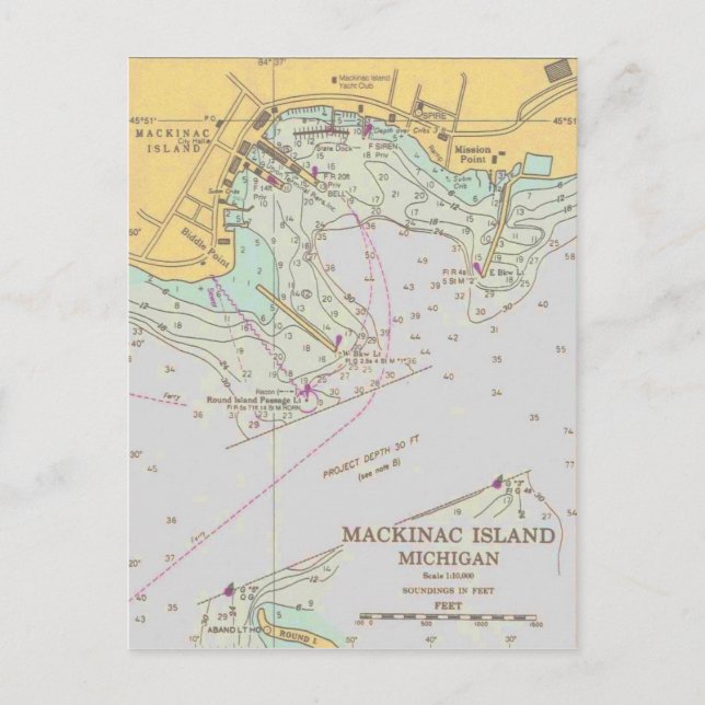 Mackinac Island harbour nautical chart post card (Front)