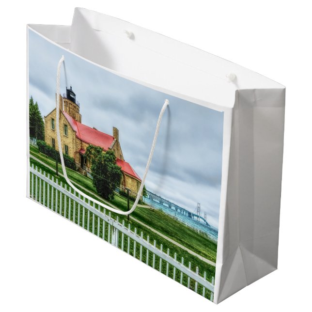 Mackinac Light and Bridge Large Gift Bag (Front Angled)